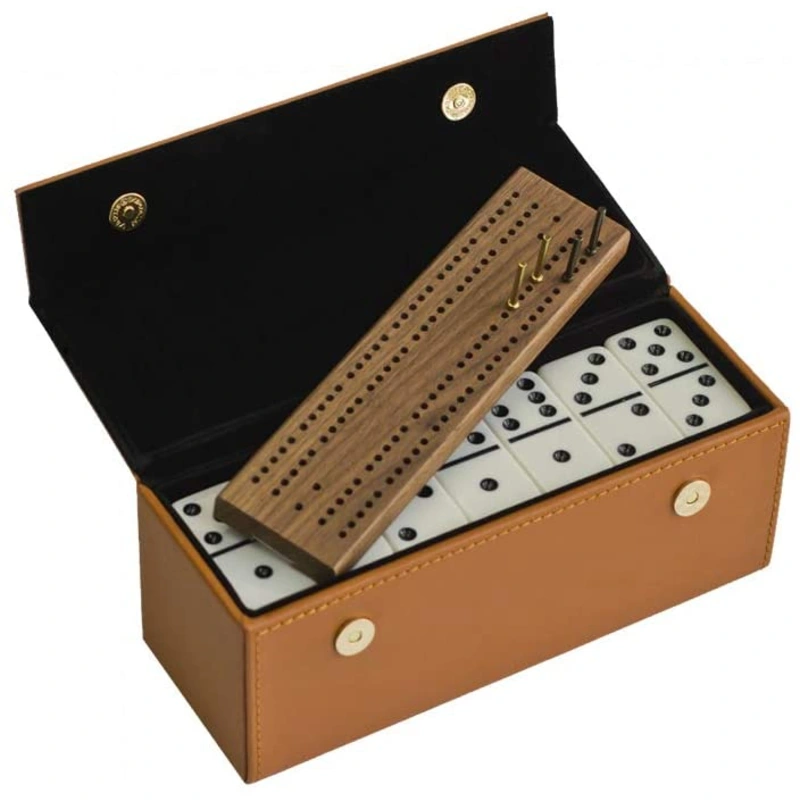 #450 Alex Cramer Travel Domino Set with Caramel-Colored Leather Case – Professional Tournament Domino Set – 28 Indestructible Double-Six Dominoes (Domino Set)