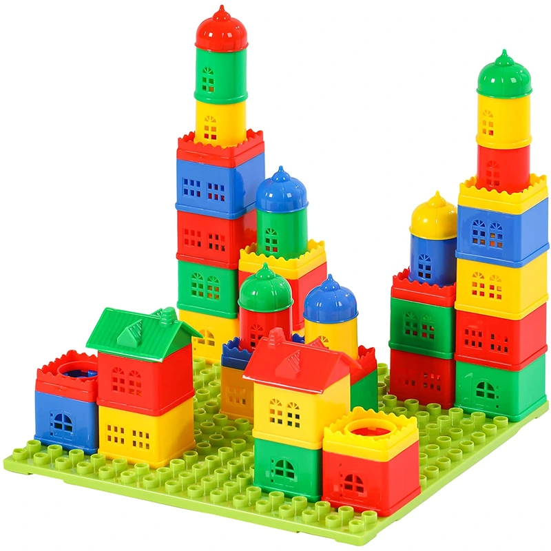 [KUTOI] Baby Stacking and Building Blocks for Kids, 40 Pc. Set, Fun House and Village Bricks with Round Dome and Wavy Rooftops, Large 10u201d x 10u201d Baseplate, Colorful BPA-Free Plastic